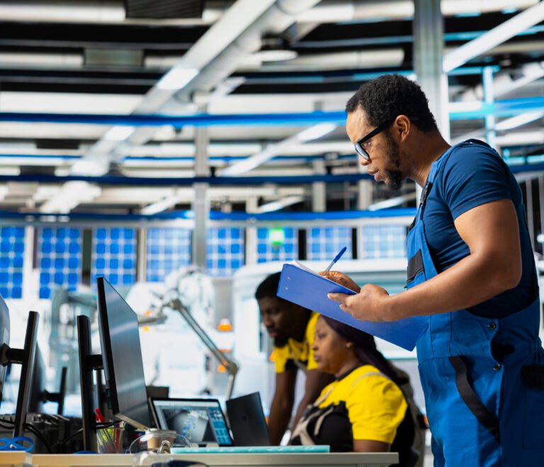 Supervisor testing solar power in renewable energy facility on clipboard, focusing on software troubleshooting and performance metrics. Eco friendly quality control on operations.